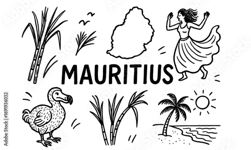 Mauritius travel icons: dodo, sugarcane, seaside, traditional dance