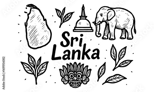 Sri lanka icons: nature, culture, and heritage symbols in doodle art style