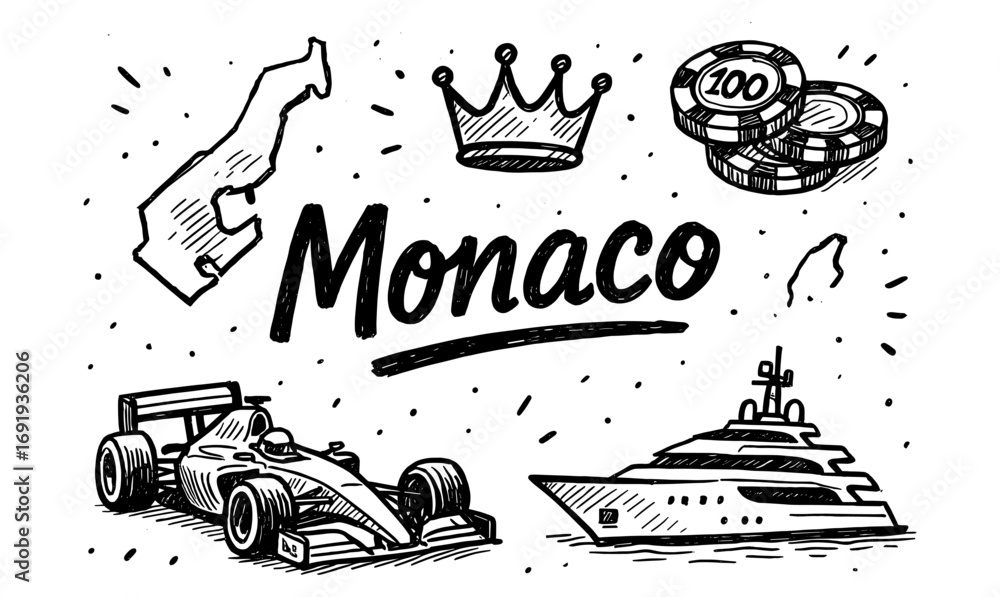 Fototapeta premium Monaco icons: crown, yacht, racecar, map, casino chips in hand-drawn style