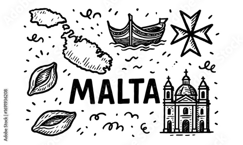 Hand drawn malta elements with traditional boat, map, and maltese cross