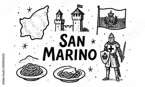 Hand-drawn san marino landmarks with pasta and knight imagery
