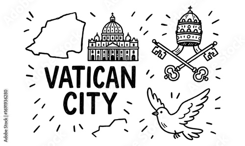 Vatican city symbols in hand drawn doodle style featuring st peter's basilica and papal keys