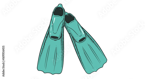 Pair of teal scuba diving fins ready for ocean.