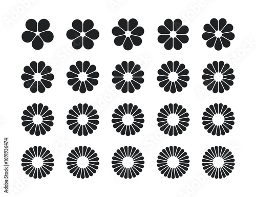 Flower petal shape icons set. Infographic circle diagram. Pie simple chart. Flower leaves geometric graphic element. Round wheel chart. Flat vector illustration isolated on white background.