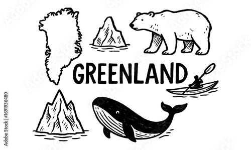 Greenland adventure: wildlife, landscapes, and icebergs in hand-drawn style