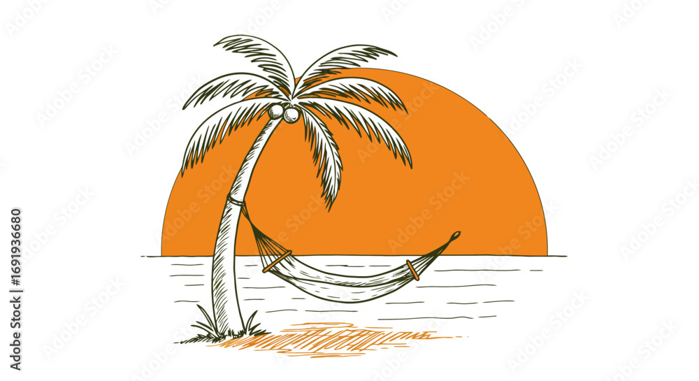 Obraz premium Palm tree hammock ocean sunset beach relaxation.