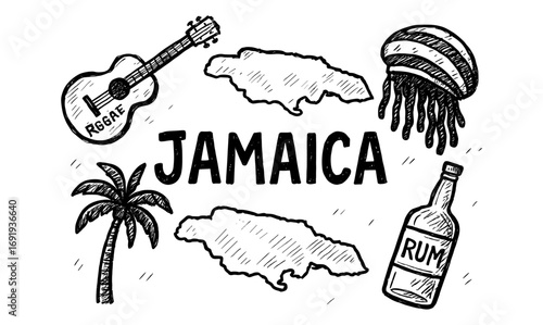 Hand-drawn jamaica elements with guitar, palm tree, jellyfish, rum, and island map