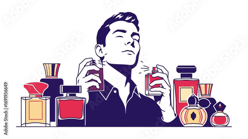 Stylish man with closed eyes holding perfume bottles surrounded by various fragrance containers on white background