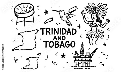 Trinidad and tobago celebrations: cultural symbols and iconic highlights in sketch style