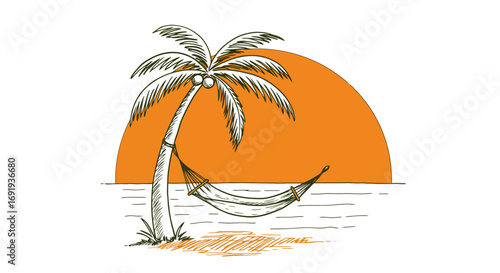 Palm tree hammock ocean sunset beach relaxation.