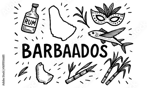Barbados doodle design with rum, carnival mask, and flying fish elements
