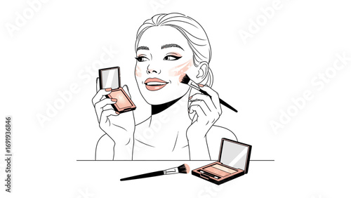 A young woman with a playful expression applying makeup with a brush and holding a foundation bottle showcasing beauty and cosmetic application