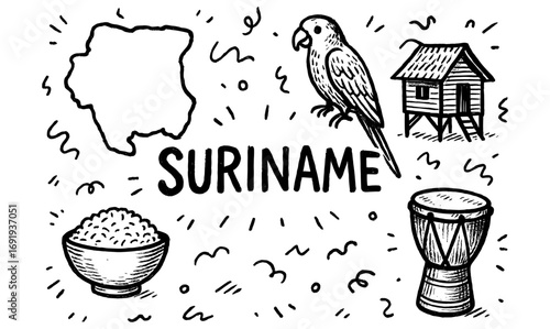 Suriname icons: map, parrot, rice bowl, traditional house, drum hand-drawn style