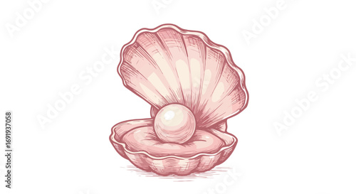 Pearl inside a pink seashell on white background.
