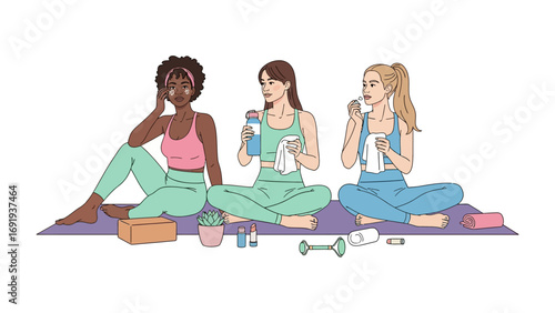 Three diverse young women in comfortable athletic wear sitting cross legged on yoga mats holding water bottles and towels after a workout session