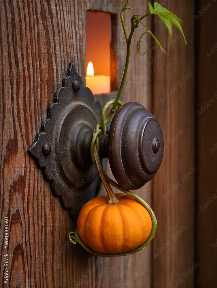 Fototapeta premium Rustic door with antique knob wrapped in pumpkin vine and small pumpkin, warm candlelight glowing through wooden door window, autumn harvest decoration close up