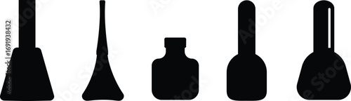 Nail polish bottle icon set in black silhouette style, beauty cosmetic container group, flat minimal vector collection for manicure, pedicure, and salon design