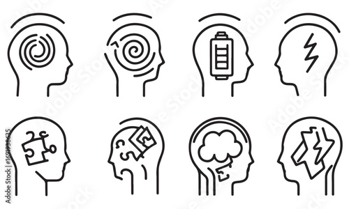 Mental health icons, line drawing style. Brain problems, wellness concept, vector design