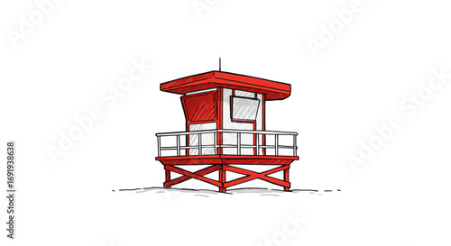 Red and white lifeguard tower on beach 1.