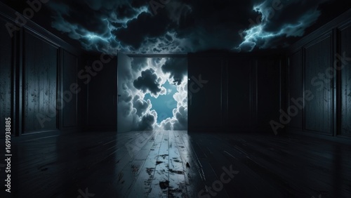 Surreal Scene with Fluffy Clouds in a Dark Room

