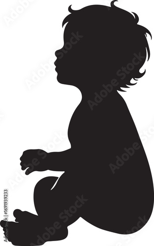 This image is a black silhouette of a baby sitting and looking to the right, with its body slightly angled and its legs tucked under, hair slightly tousled.