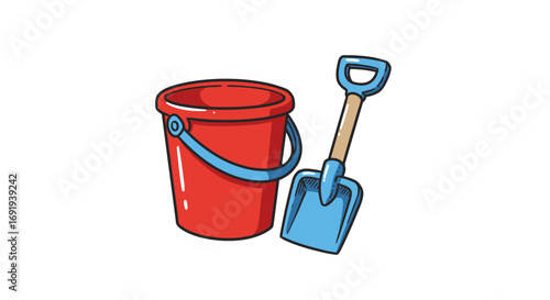 Red plastic bucket and blue plastic shovel for sand.