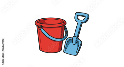 Red plastic bucket and blue plastic shovel.