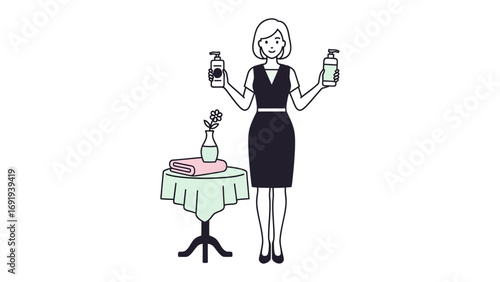 A woman in a black dress stands holding two bottles of cleaning or beauty products contemplating a choice with a small table nearby holding a towel and more bottles