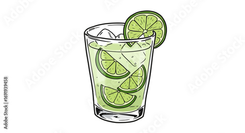 Refreshing lime drink in a tall glass with ice.
