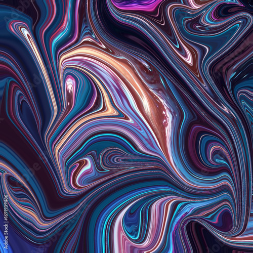 Vivid abstract fluid art with swirling neon blue, purple, and orange tones, creating a modern texture and dynamic movement. Perfect for backgrounds or design.
