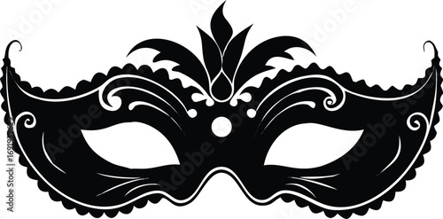 Black elaborate Venetian masquerade mask with white scalloped edges and decorative details on a white background  EPS vector file download 