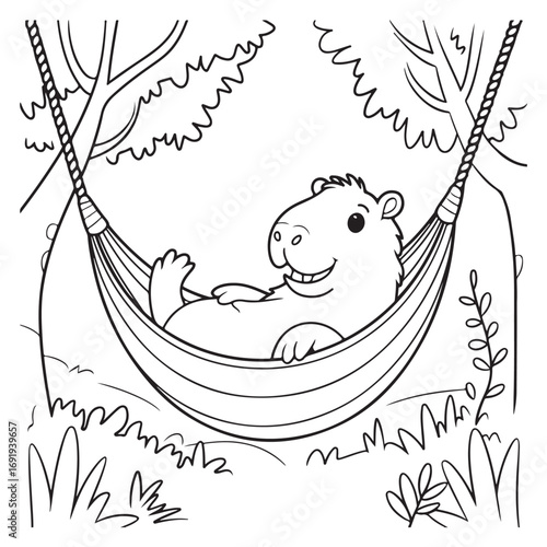 Cute Hippo Relaxing in Hammock Black and White Coloring Page Illustration. Colouring Book Design.  Simple graphic element with smooth black lines against white background.