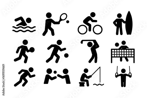 Set of athletic pictograms: swimming, tennis, surfing, cycling, and more activities