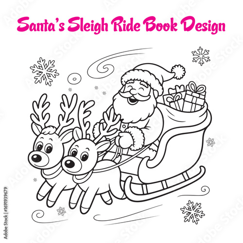 Santa Claus Riding Sleigh with Reindeer Black and White Coloring Page Illustration. Colouring Book Design. 