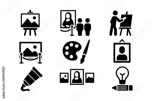 Creative art icons set: black and white design elements for galleries and studios