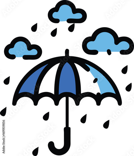 Colorful illustration of an umbrella protecting from rain with blue clouds and falling raindrops on a white background EPS vector file download 