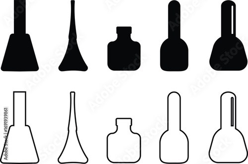 Nail polish bottle icon set in black silhouette and line outline style, beauty cosmetic container group, flat minimal vector collection for manicure, pedicure, and salon design