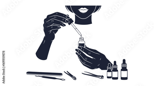 Close up silhouette of a person with dark skin and white lips applying serum from a dropper bottle to their face with precision tools nearby