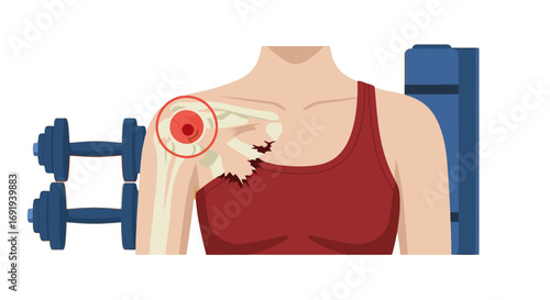 Anatomical illustration depicting a painful shoulder joint injury with visible bone structure and inflammation, often