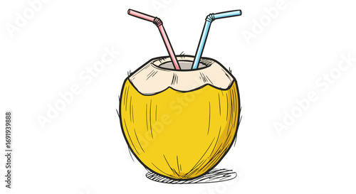 Refreshing Yellow Coconut Drink with Two Straws.