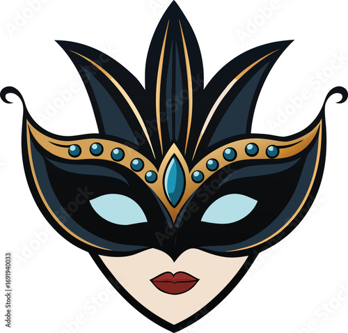 Ornate Black Masquerade Mask with Jewels and Face Detail on White Background carnival party EPS vector file download 