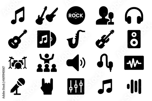 Music icons set: diverse black silhouette symbols for audio and sound themes