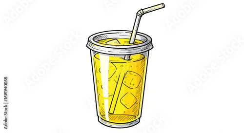 Refreshing Yellow Drink in Plastic Cup with Straw.
