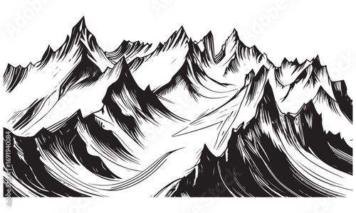 Black and white mountain range illustration, vector design, landscape view