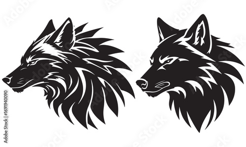 Two black wolf heads profile, tribal tattoo style vector illustration