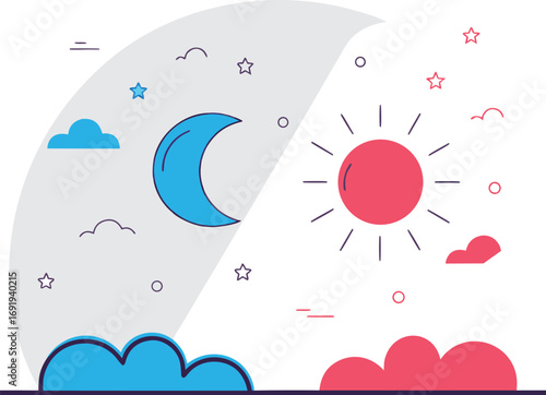 Stylized Day and Night Scene with Sun, Moon, Clouds, and Stars vector illustration EPS vector file download 