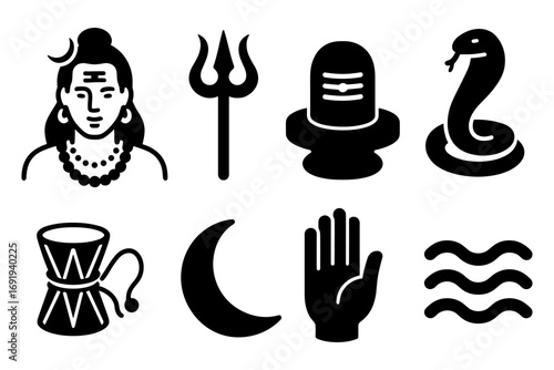 Hindu symbols: shiva, trident, drum, cobra, lunar and hand icons in bold style