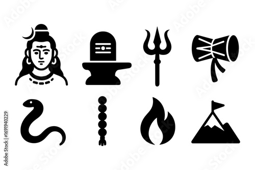 Collection of hindu symbols featuring mythical icons and sacred objects