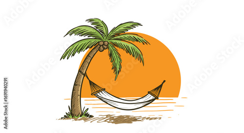 Relaxing hammock between palm tree and sunset.