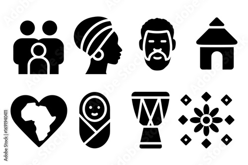 African culture icons set featuring silhouette faces, symbols, and traditional elements